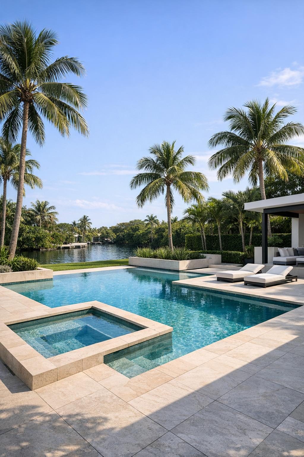 a completed pool with palm trees